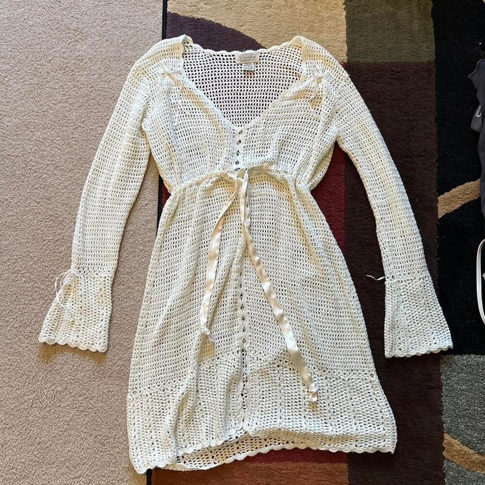 cream crochet knit cover up coquette bridal ribbons flare sleeves st. johns bay